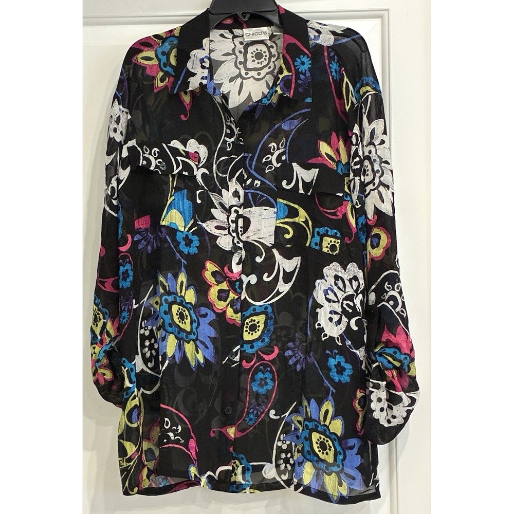 Chico's 100% Silk Black Floral Blouse Size 2‎ Sheer Button Up Artsy Career